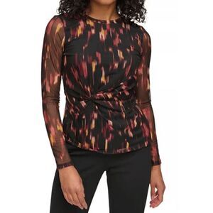 DKNY Women's Printed Mesh Side-Knot Top  XS